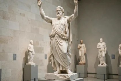Statue de marbre de Zeus dans un musée archéologique illustrant la fascination pour les dieux grecs antiques