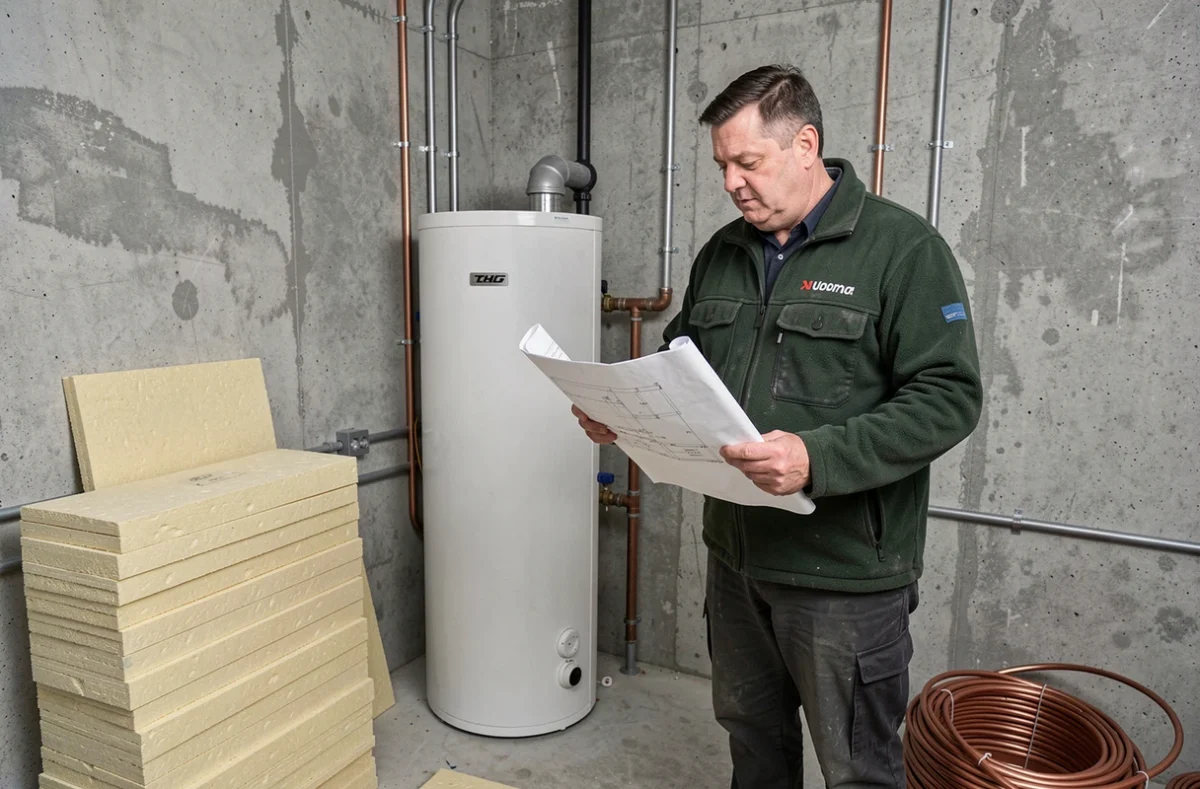 Robert plombier chauffagiste de STC Robert vérifiant l'installation d'un système de chauffage dans une pièce technique