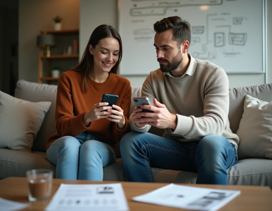 Deux joueurs adultes comparant des stratégies de guerre de clans sur leurs smartphones dans un salon
