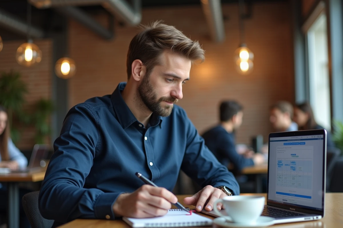 Homme planifiant sa stratégie de publication sur Scoopium dans un espace de coworking, optimisant ses coûts éditoriaux