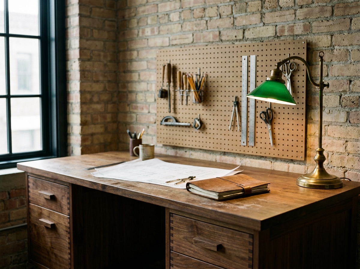 Bureau à domicile style atelier artisan avec bureau en noyer massif, organisateur mural et mur de briques apparentes