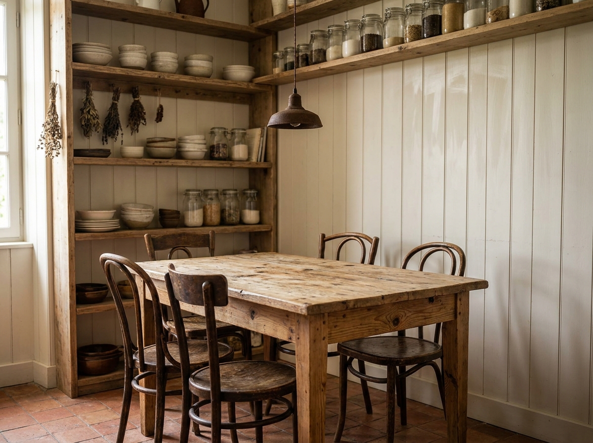 Coin repas style atelier avec table en pin recyclé, chaises en bois courbé et étagères ouvertes dans une cuisine rustique