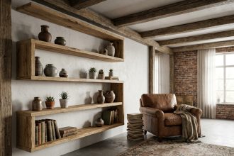 Salon de style atelier avec étagères en bois de chêne brut, poutre apparente et fauteuil en cuir patiné dans un intérieur chaleureux
