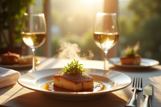 Table ensoleillee avec blanquette de veau et vin blanc