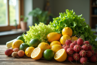 Table rustique avec fruits et légumes frais pour l article