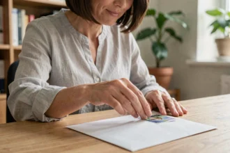 Femme collant un timbre dans le coin supérieur droit d'une enveloppe blanche sur un bureau en bois
