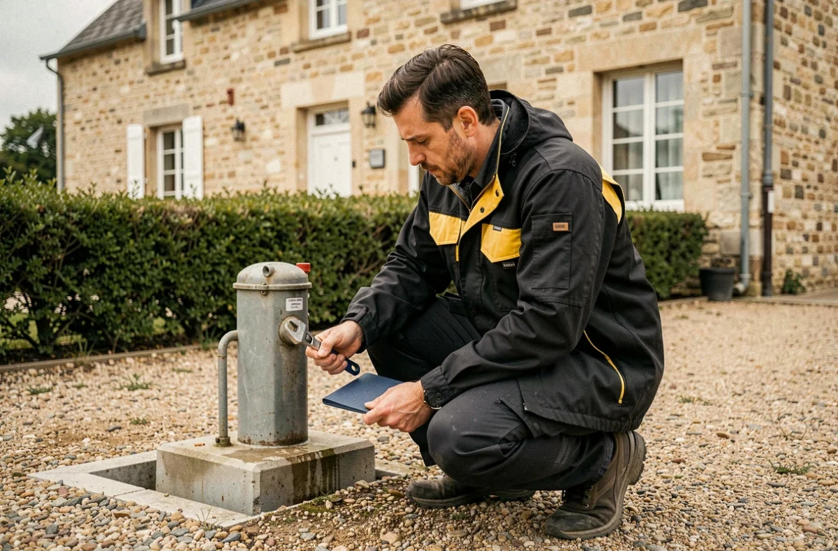 Plombier Tiplo intervenant sur un compteur d'eau extérieur devant une ferme en pierre en Eure-et-Loir