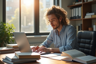Traducteur professionnel au bureau moderne avec ordinateur et dictionnaires