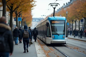 Tramway ligne 2 de Nantes à un arrêt urbain avec des voyageurs en train de monter et descendre, boulevard arboré en arrière-plan