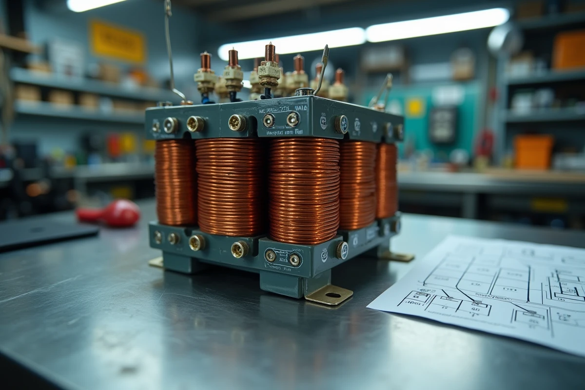 Gros plan sur le noyau et les bobinages d'un transformateur triphasé monophasé sur un établi de réparation électrique