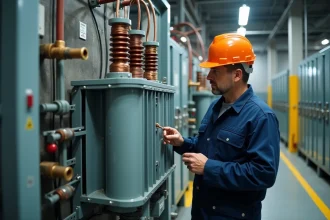 Ingénieur électricien inspectant un transformateur triphasé monophasé industriel dans un local électrique d'usine
