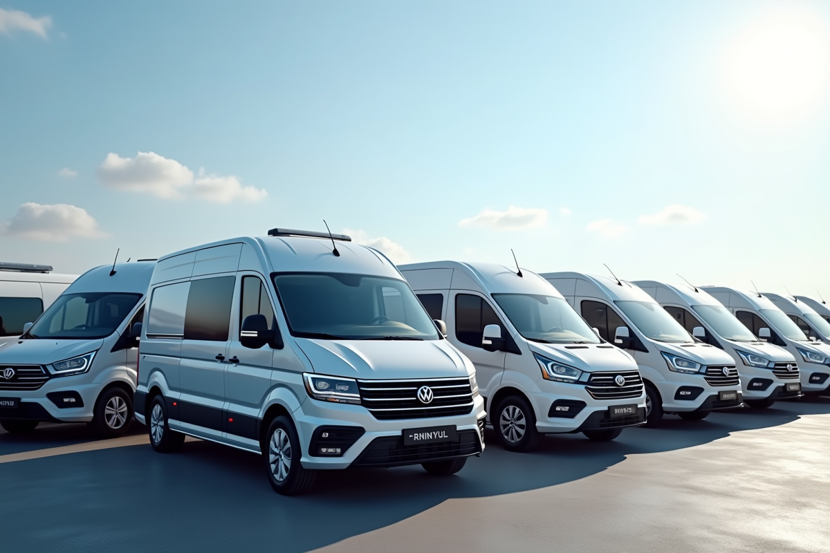 Plusieurs vans nineseater alignées dans un concessionnaire