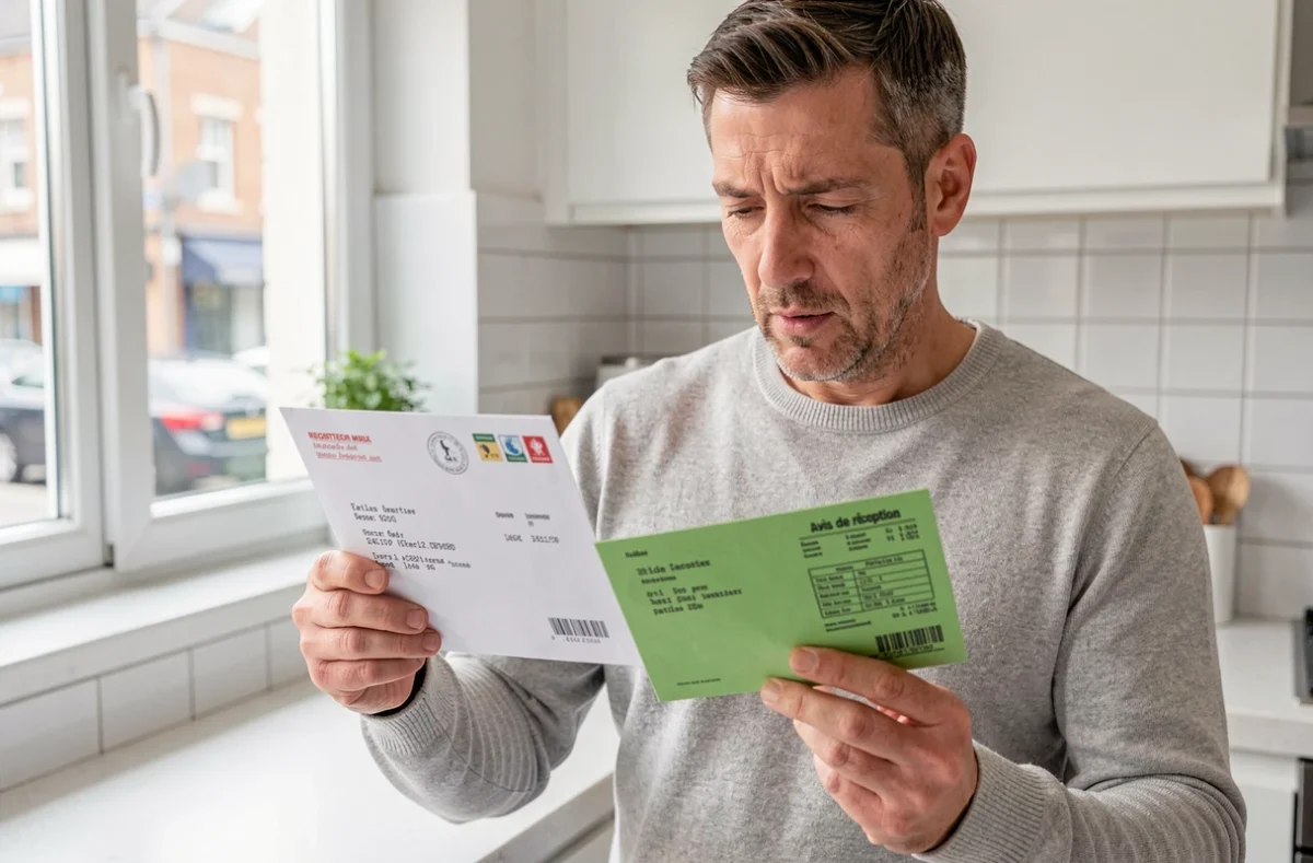 Homme vérifiant les mentions d'une enveloppe recommandée et son avis de réception