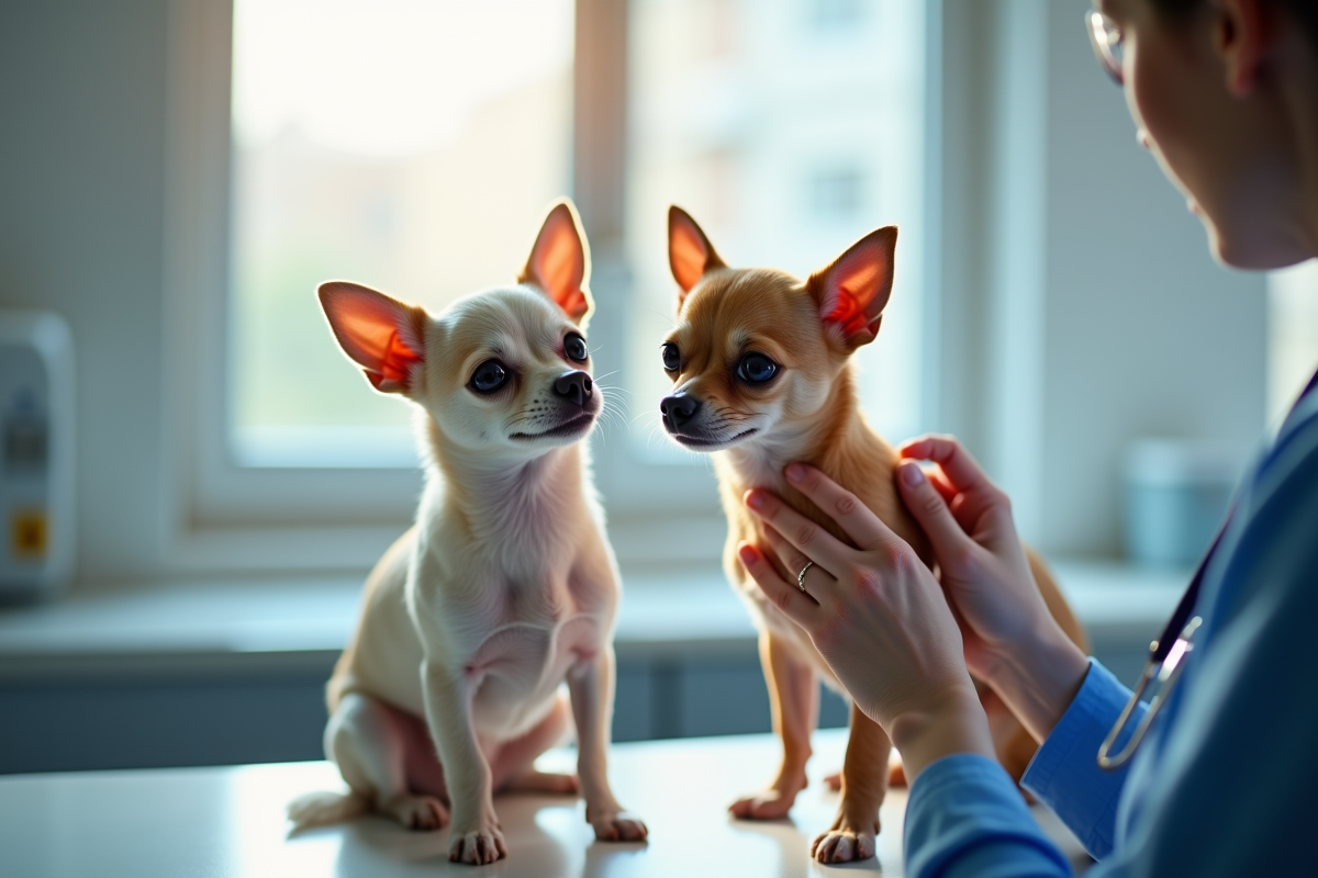 Deux chihuahuas examinés par un vétérinaire en clinique