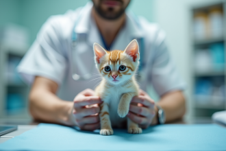 Vétérinaire tenant un petit chaton lors d'un examen