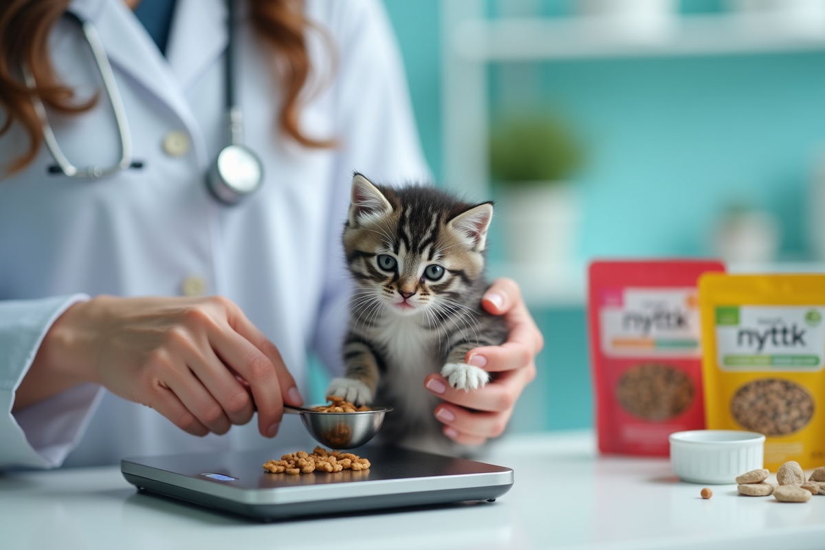 Vétérinaire mesurant la nourriture pour chaton avec une balance